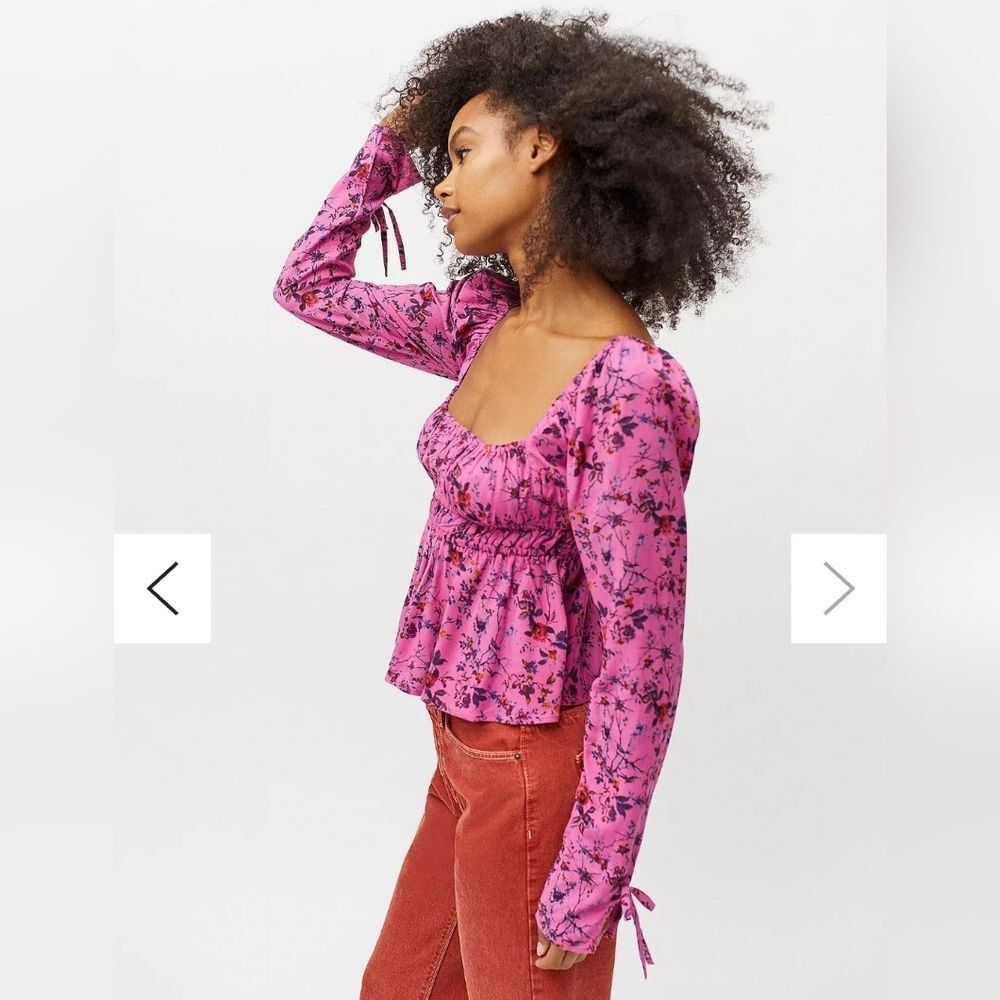 Urban Outfitters Pink Floral Long-Sleeve Peplum Blouse